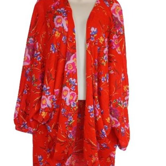 Gili Womens Cardigan Red Floral Open Front Longline Relaxed Fit Slub Knit L - Picture 1 of 2
